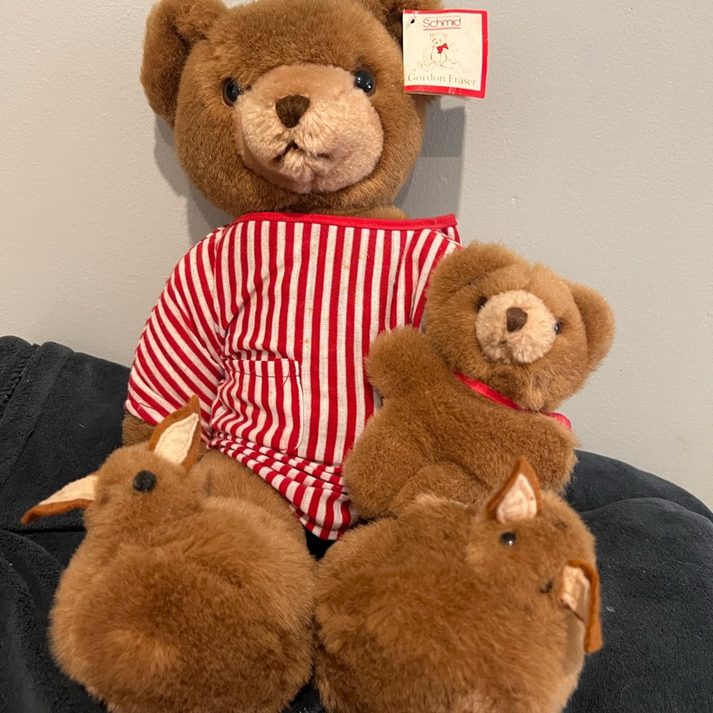 Vintage Schmid Gordon Fraser Brown Teddy Bear with Red Striped Shirt